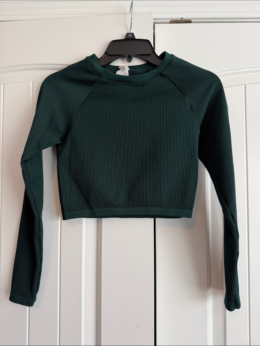 aerie Dark Green Waffle Knit Cropped Long Sleeve Top